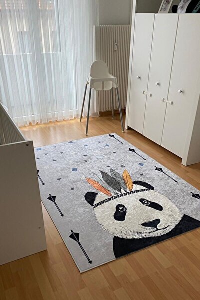 VOPTEKS Gri Siyah Halı Çocuk Odası Halısı Makinede Yıkanabilir Kaymaz Taban Halı
