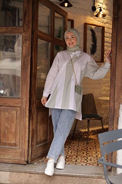 ESRA KEKÜLLÜOĞLU Kadın Poplin Yan Yeşil Çizgili Gömlek-Beyaz