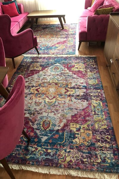 VOPTEKS Otantik Halı Vintage Halı Bordo Fuşya Çok Renkli Halı Salon Halısı Mutfak Halısı Yolluk