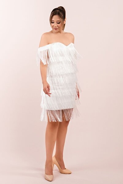 Carmen Püsküllü Düşük Kol Beyaz Kısa Elbise (crm-58180)