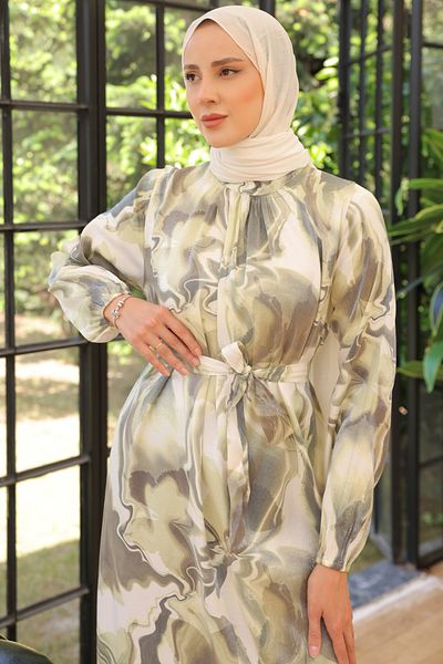 benguen Πράσινο Σατέν Φόρεμα Hijab - 3992