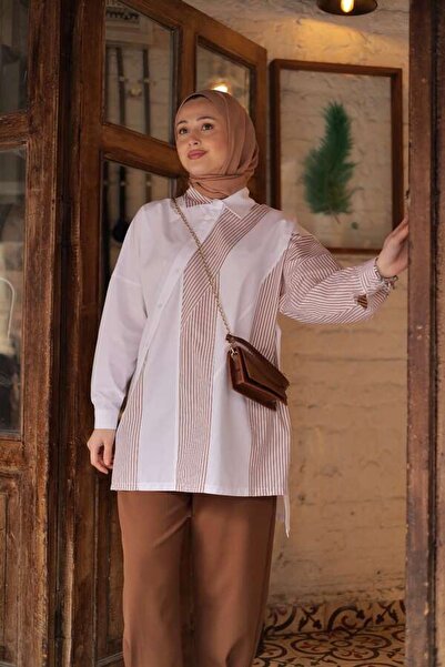 ESRA KEKÜLLÜOĞLU Kadın Poplin Yan Taba Çizgili Gömlek-Beyaz