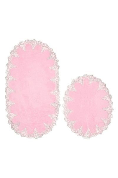 Dekoreko Cotton Lacy 2-Piece Toilet Seat Set Bathroom Mat Set Oval Pink