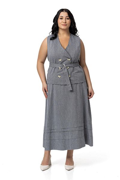 DISENTIS MODEST Linen Double-breasted Vest and Skirt - Black Two-Piece Set, Plus Size