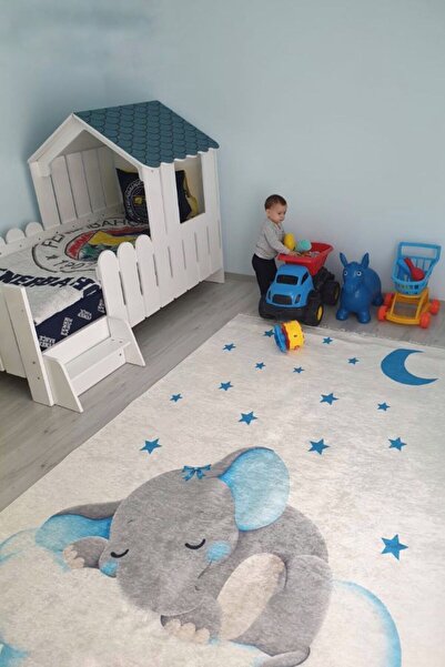 VOPTEKS Lacivert Halı Çocuk Odası Halısı Leke Tutmaz Makinede Yıkanabilir Kay...