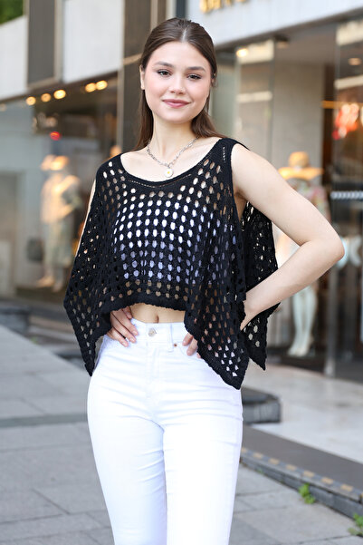 ALCHON بلوزة بونشو تريكو أنيقة - رقبة دائرية واسعة، أشرطة، مخرمة ومجوفة بدون ...