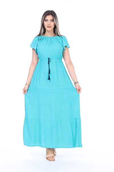 mervemoda Rochie de vară cu mâneci scurte lungi și țesute de culoare uni pentru femei