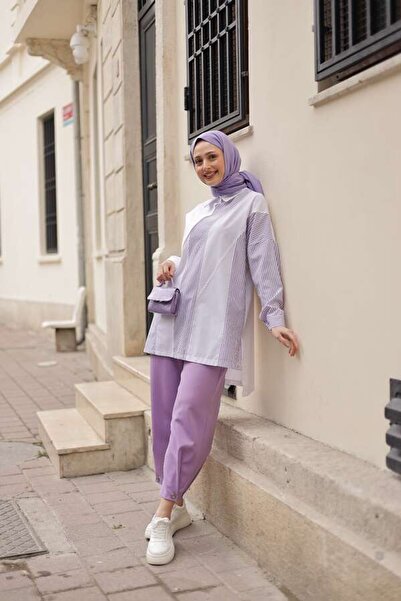 ESRA KEKÜLLÜOĞLU Kadın Poplin Yan Lila Çizgili Gömlek-Beyaz