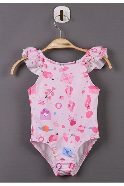 AyCaTa Girl's Swimsuit Ruffle Detailed Heart Patterned Pink Sea Pool Swimsuit