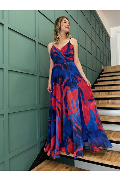 Dans Batik Desenli Uzun ,Askılı,Kruvaze Yaka ,Şifon Abiye Elbise