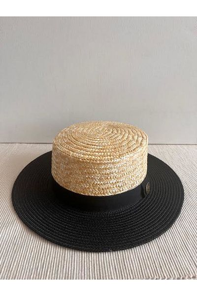 CosmoOutlet Black Natural Straw Beach Gondola Hat - Adjustable Inside