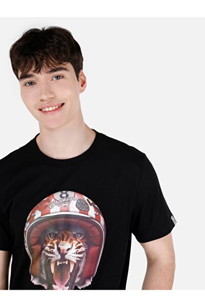 Colin's Normal Kesim Bisiklet Yaka Aslan Baskılı Siyah Erkek Kısa Kol Tişört