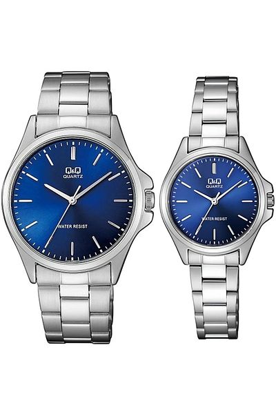 Q&Q Navy Blue Silver Steel Band Lover Couple Wristwatches