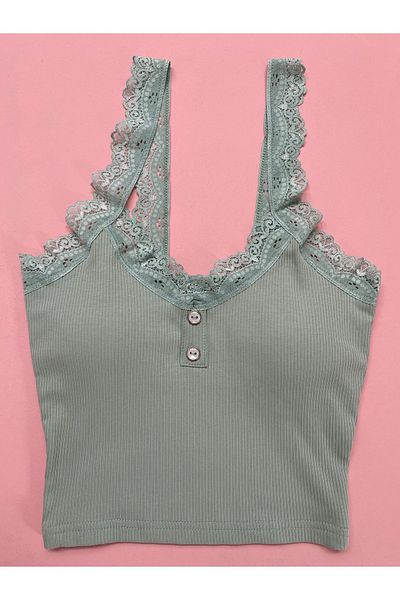 MODALİNOSA Green Corded Fabric - Women's Half Tank with 1 Removable Pad