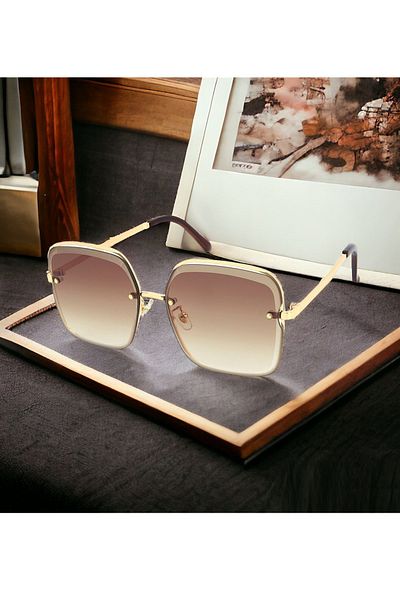 Di Caprio Brown Gold Crystal Model Square Cut Glass Vintage Women's Sunglasses