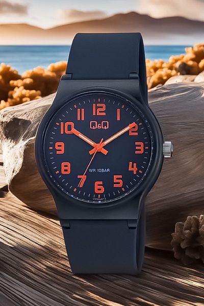 Q&Q Orange Navy Blue Waterproof Silicone Strap Unisex Wristwatch with Numbers