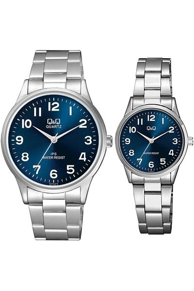 Q&Q Navy Blue Silver Numeral Lover Couple Wristwatches