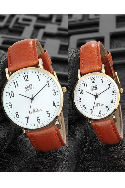 Q&Q Vintage Lover Couple Wristwatches with Tan Color Leather Band Numbers