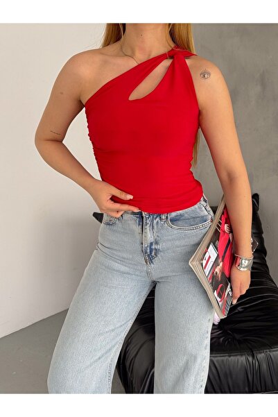 alenmoda بلوزة نسائية ذات كتف أحمر ملتوية