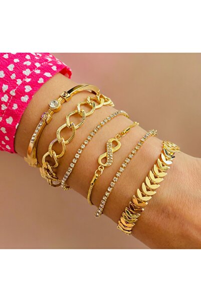 xesha 6 lı Kombin Bileklik Seti Gold Renk Bilezik Künye Takımı Su Yolu Sonsuzluk