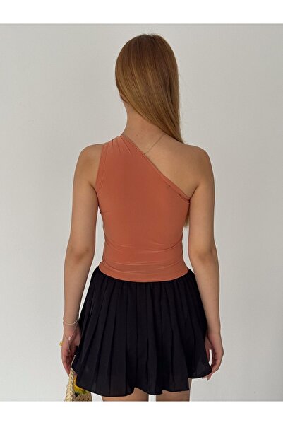 alenmoda Bluză crop pentru femei Brick Color cu umăr răsucit