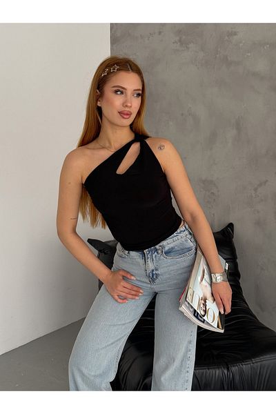 alenmoda Μαύρη Crop Γυναικεία Μπλούζα - Στριφτός ώμος