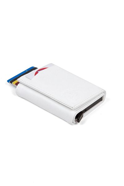 Newish Women's Leather Aluminum Mechanism Sliding Card Holder Wallet with Paper Money Compartment White (7,5x10cm)