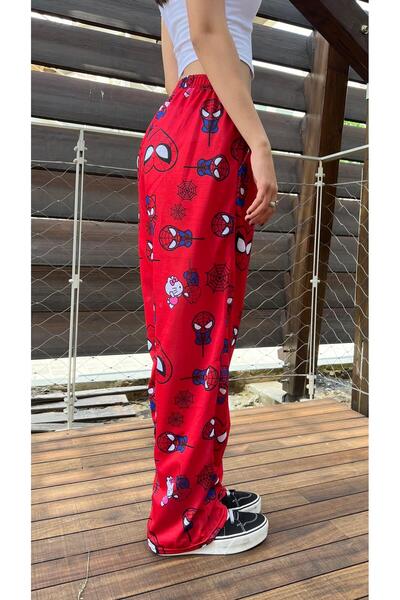 Toum Hello Kitty & Spider-Man Detaylı Kırmızı Unisex Bol Eşofman Altı