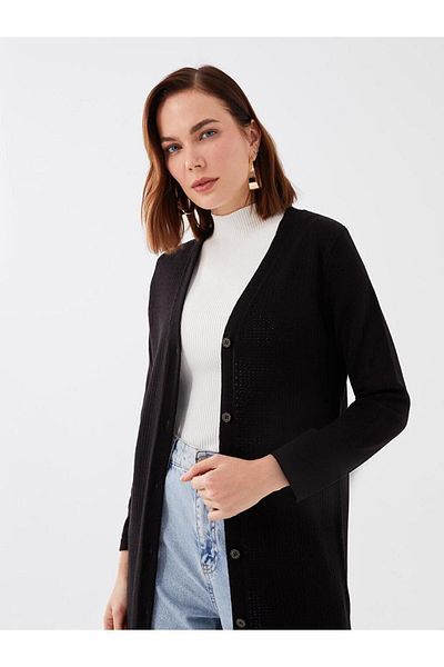 LC Waikiki LCW Grace V-neck Openwork Long Sleeve Women's Knitwear Cardigan