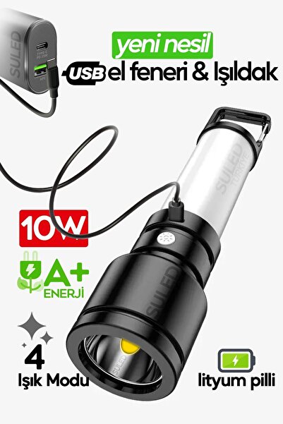 SULED USB Şarjlı El Feneri ve Kamp Lambası 4 Modlu 10W A+ Led Işık Outdoor Askı Aparatlı Lityum Pilli