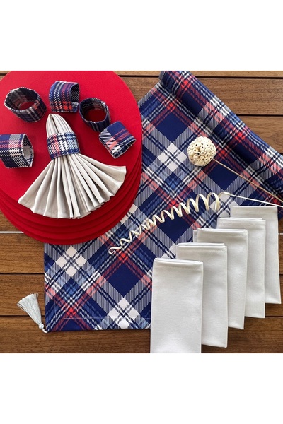 desen izmir Amerikan Servis,lacivert Ekose ,6 Supla,6 Peçete 6 Peçete Halkası...