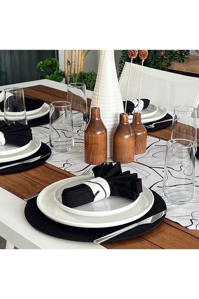 desenizmir American Service Set, New Season, Black Knot Pattern, 6 Plates, 6 Napkins, 6 Napkin Rings and Runner Cover