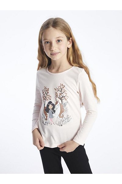 LC Waikiki LCW Kids Girls - Μακρυμάνικο μπλουζάκι με στάμπα με λαιμόκοψη