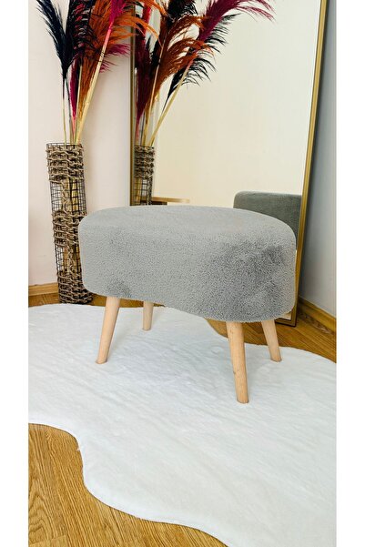 Bounteous Fasulye Model Ahşap Ayaklı Teddy Kumaş Dekoratif Puf Bench Gri