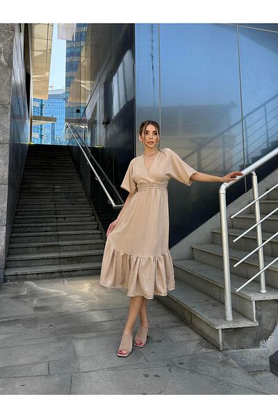 SEDA FİDAN Μπεζ λινό φόρεμα - νυχτερίδα μανίκι και κέντημα στη μέση