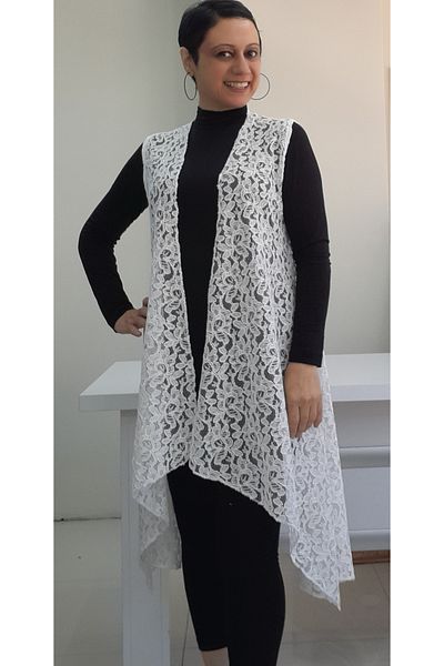Mertcan Butik Λευκό Casual Ασύμμετρο Δαντελένιο Γιλέκο