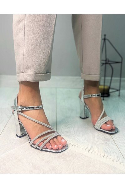 EPTC Women's Silver Gray Patent Leather Shiny Stone Piping Open Front Thick Heeled Shoes