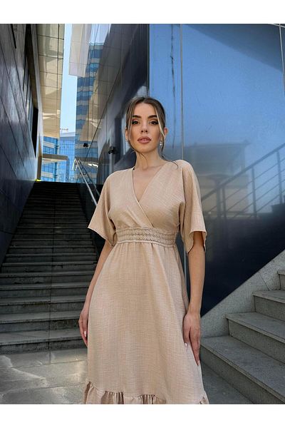 SEDA FİDAN Μπεζ λινό φόρεμα - νυχτερίδα μανίκι και κέντημα στη μέση