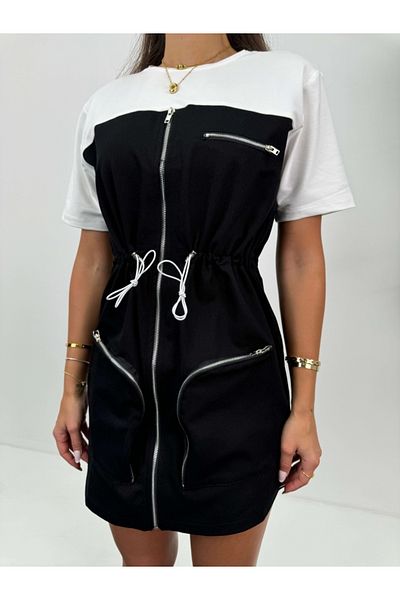Elif Özbey Butik Rochie din Gabardina - Neagra, Detaliu cu Snur in Talie si Fermoar