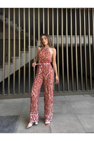 SEDA FİDAN Pink Ethnic Patterned Viscose Jumpsuit - Halter Neck