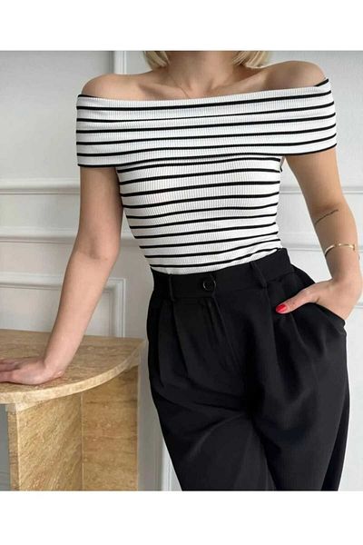aytenli Striped Madonna Collar Crop Top