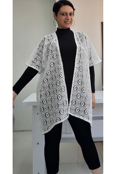 Mertcan Butik Λευκό Δαντελένιο Γιλέκο - Μανίκι Νυχτερίδας, Σπασμένο Σχέδιο