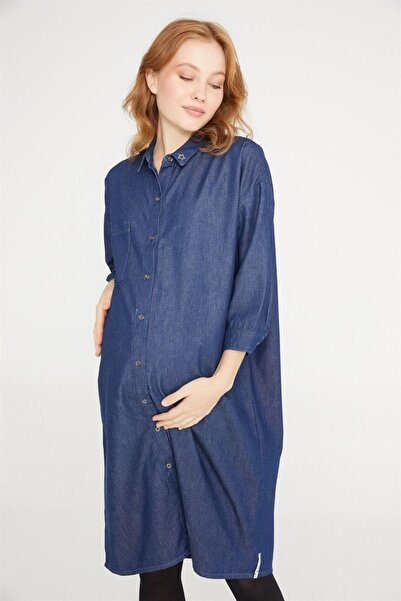 VAVIEN Hamile Koyu Mavi Gömlek Elbise 1021