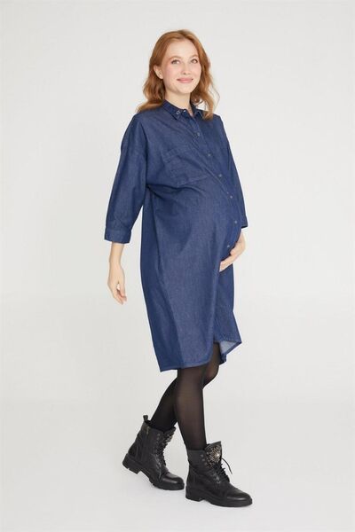 VAVIEN Hamile Koyu Mavi Gömlek Elbise 1021
