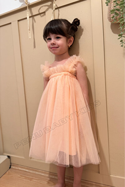 penu baby kids Somon Askılı Düz Tül Kız Çocuk Elbise-Tulle