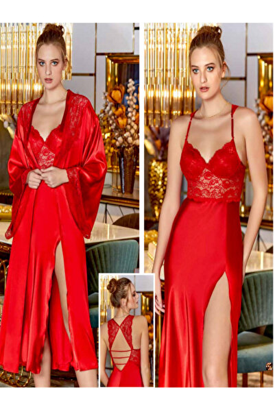 secret night dantel detaylı sırt dekolteli saten gecelik takımı kadın iç giyi...