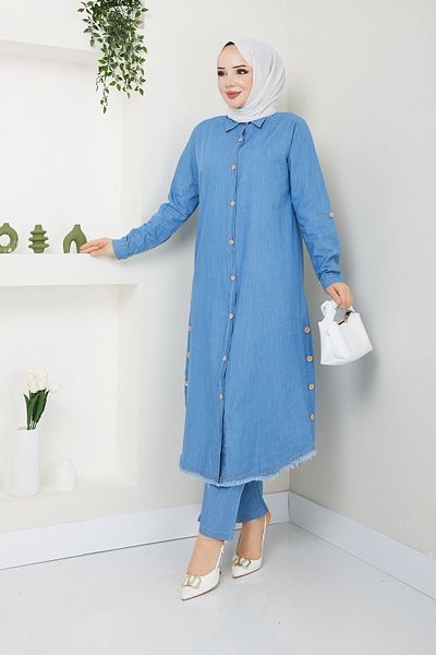 Pamuk Butik Women's Wooden Button Detailed Trousers Double Denim Suit