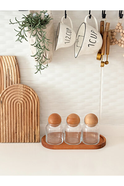 Minika Home Ahşap Stantlı ve 3'lü Ahşap Top Kapaklı Cam Kavanoz Seti (300 ml)
