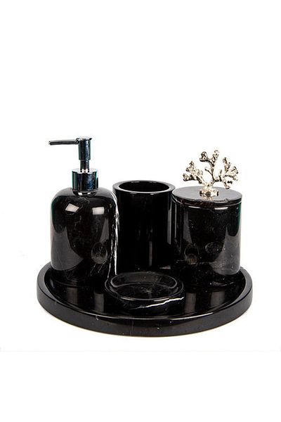 ege gross Decorative Black Marble Silver Coral Detailed 5 Piece Bathroom Set Set