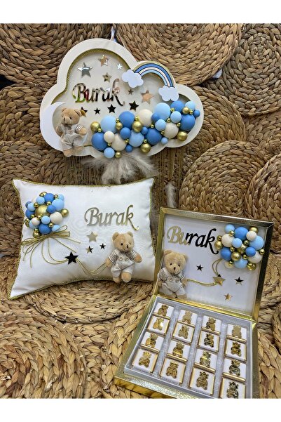 KRVTASARIM Erkek Bebek Kapı Süsü & Takı Yastığı & 48li Çikolata